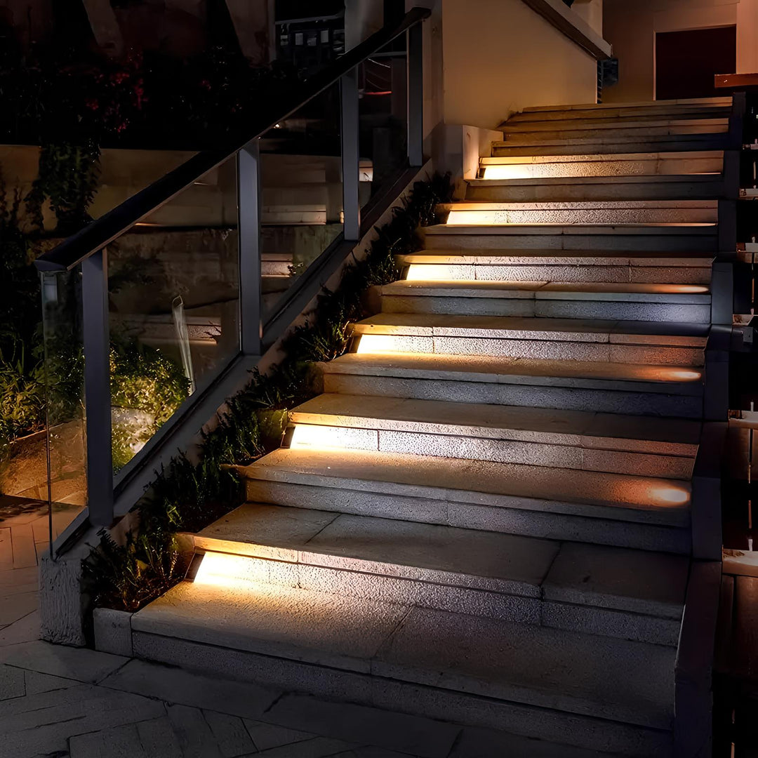 Path lighting: Solar LED step lights illuminating garden stairs at night