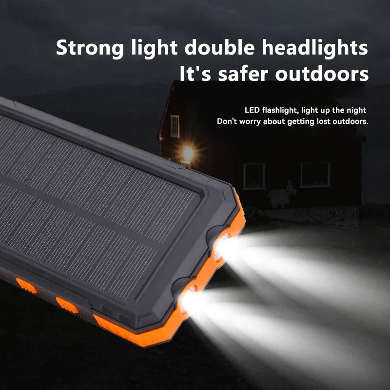 Portable solar charger with high capacity for smartphones & USB devices, ideal for outdoor adventures.