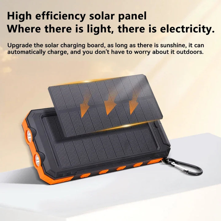 Emergency solar power bank with bright LED flashlight, essential outdoor gear for reliable phone charging.