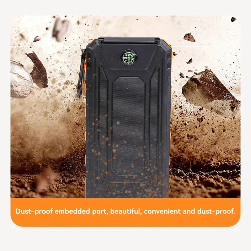 Green tech solar power bank, a compact travel charger with flashlight for sustainable outdoor charging.