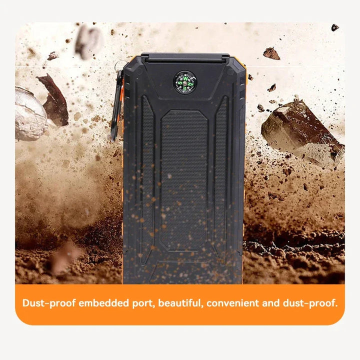 Green tech solar power bank, a compact travel charger with flashlight for sustainable outdoor charging.