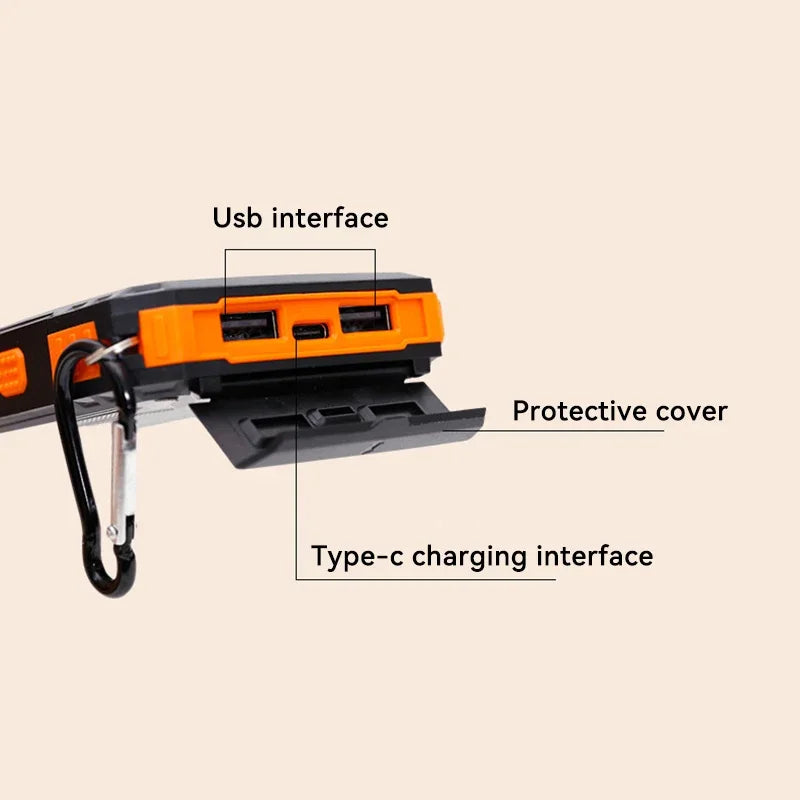 Camping essential: high-capacity solar power bank with flashlight for dependable phone charging anywhere.