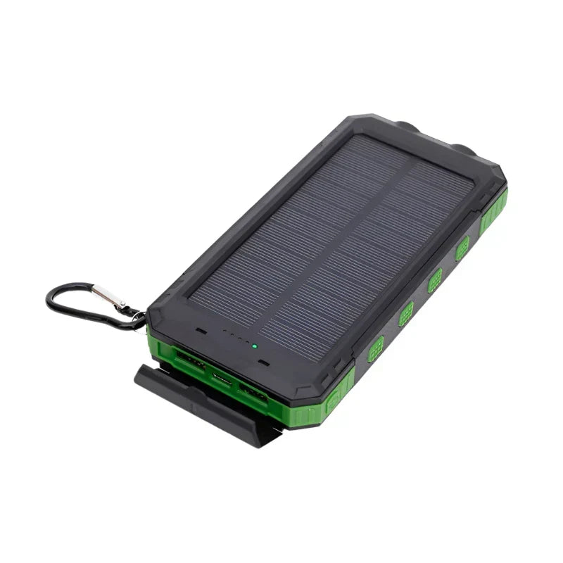 Robust solar power bank, a portable emergency charger with flashlight for all your outdoor charging needs.