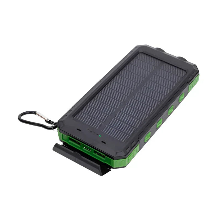 Robust solar power bank, a portable emergency charger with flashlight for all your outdoor charging needs.