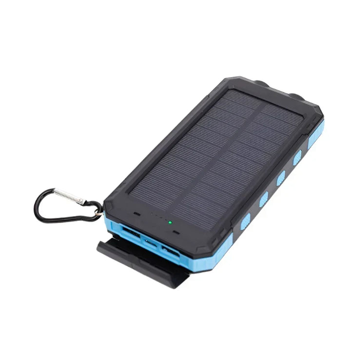 Multi-functional solar charger: portable power bank, flashlight & phone charger for outdoor & emergency use.