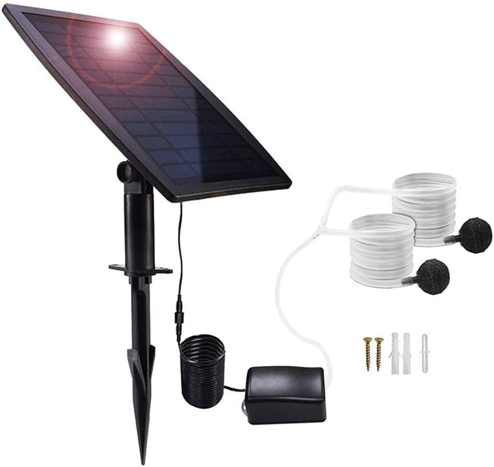 Solar powered air pump kit with 2.5W panel, hoses, and air stones for pond or fish tank aeration.