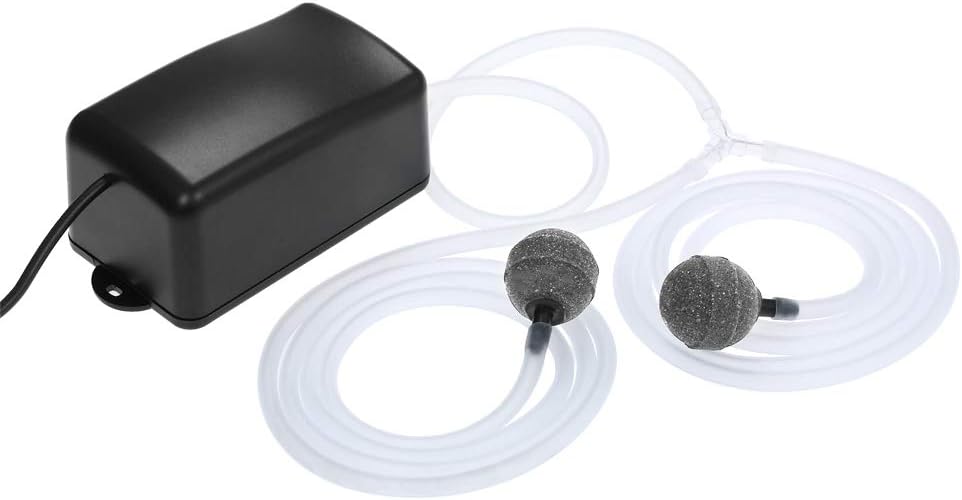 Complete solar air pump package: solar panel, air pump, tubing, and two grey air stones.