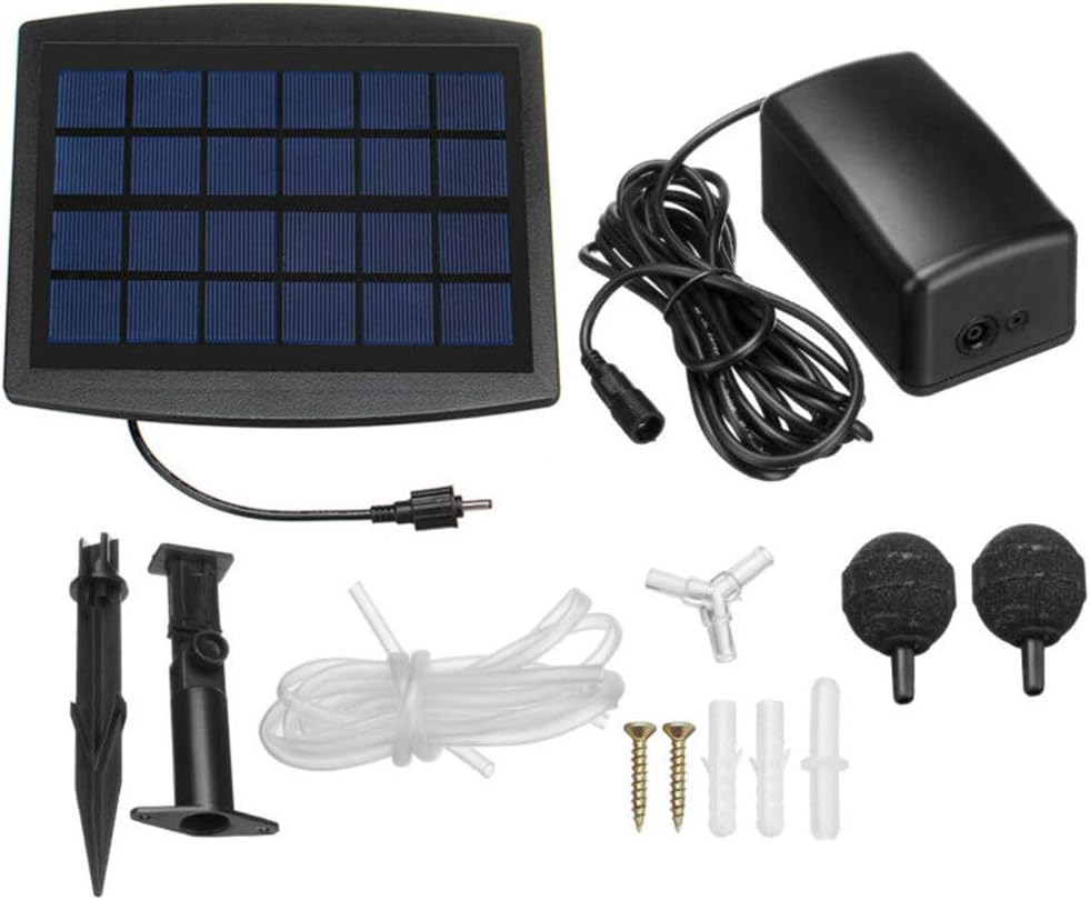 Portable solar powered air pump for outdoor use, ensuring healthy oxygen levels in ponds.