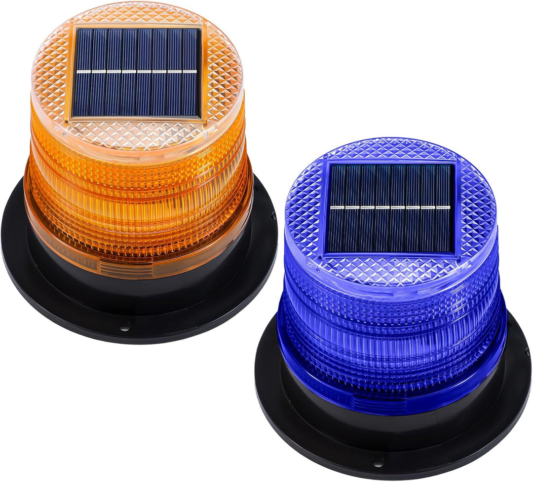 Solar-powered amber and blue LED strobe lights, magnetic for vehicles, offering waterproof emergency and hazard lighting.