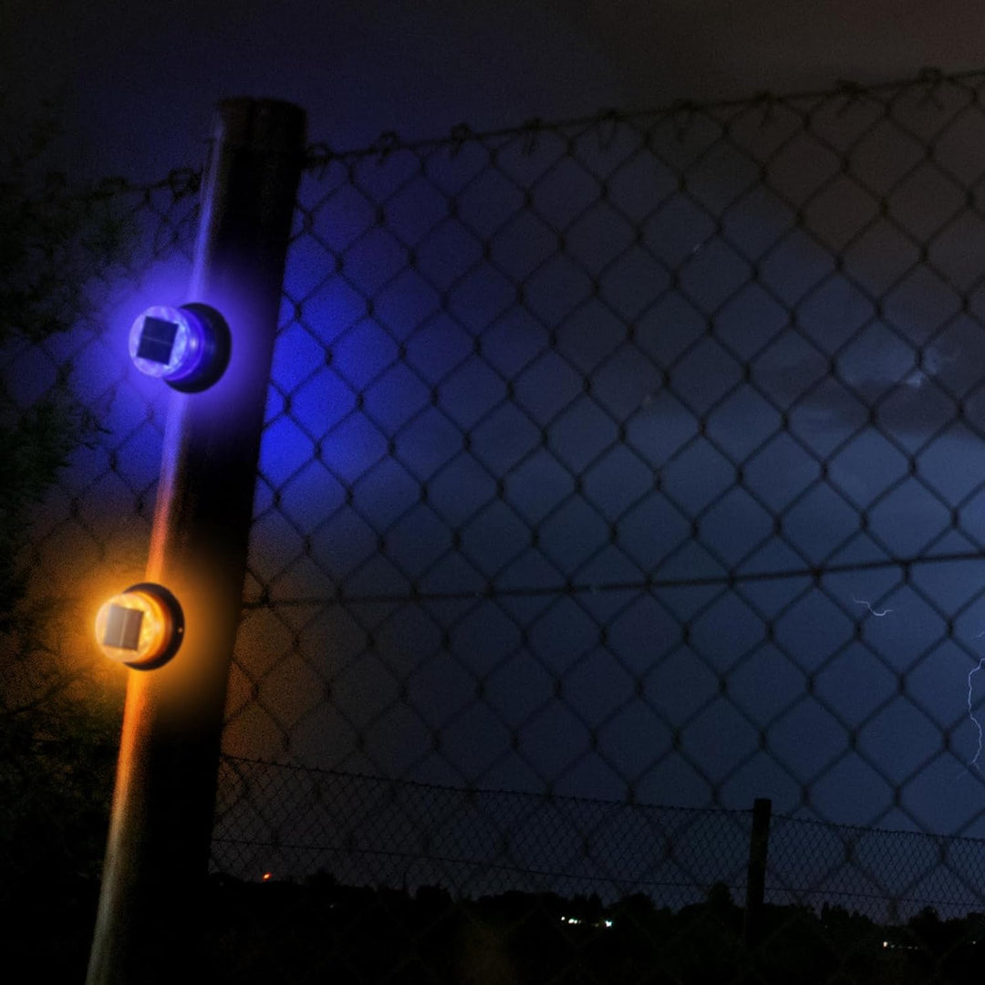 Solar-powered amber and blue magnetic strobe light set, ideal for vehicle safety and outdoor emergency use.