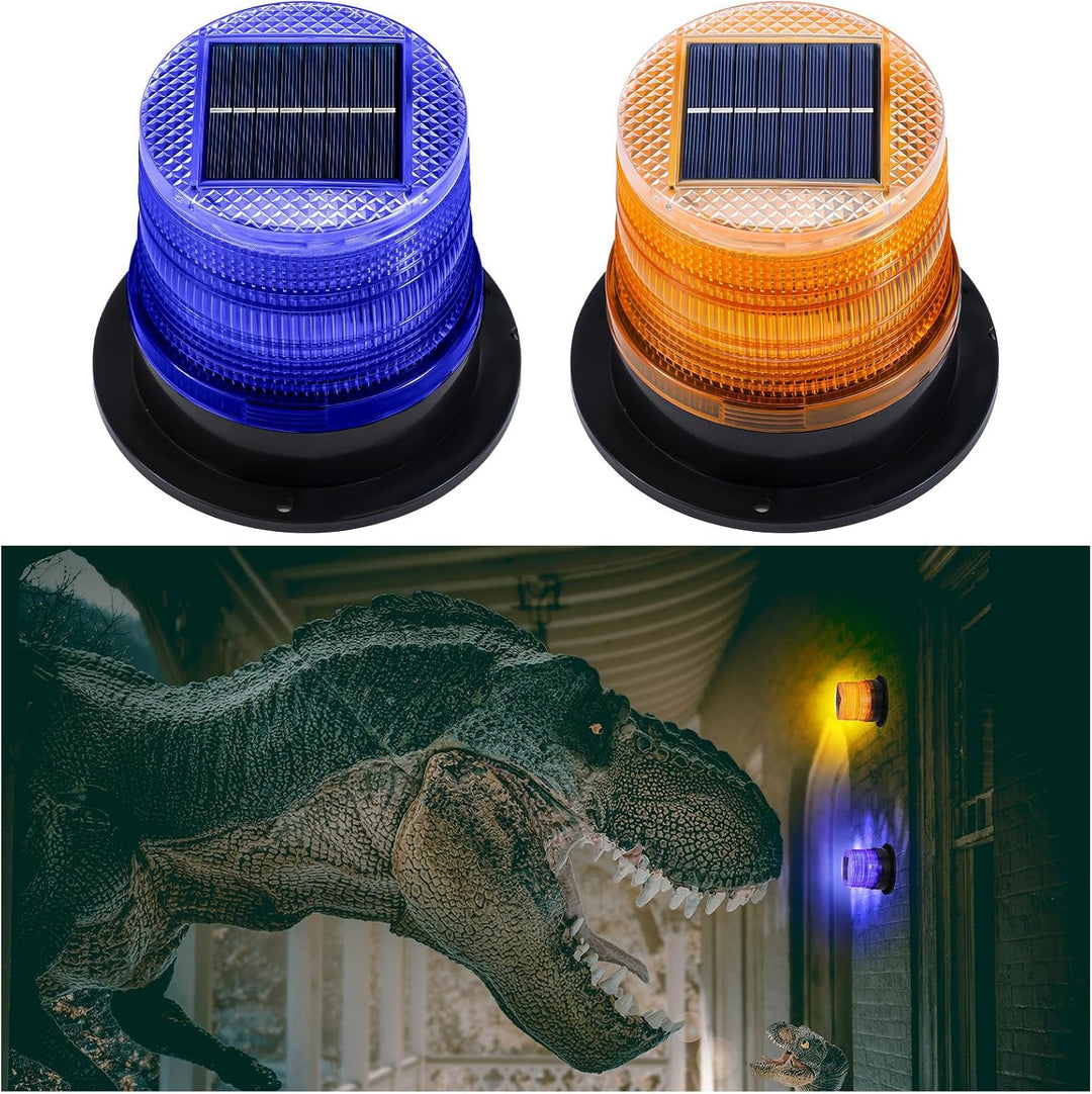 Close-up of the solar panel on an amber and blue magnetic strobe light, emphasizing its eco-friendly power source.