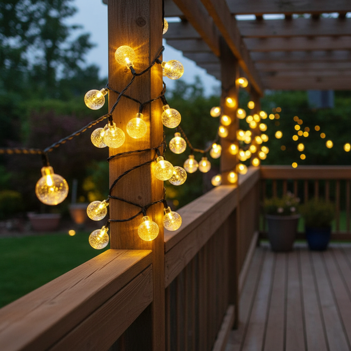 Solar powered LED fairy lights illuminating a garden path at dusk, perfect for outdoor decor.