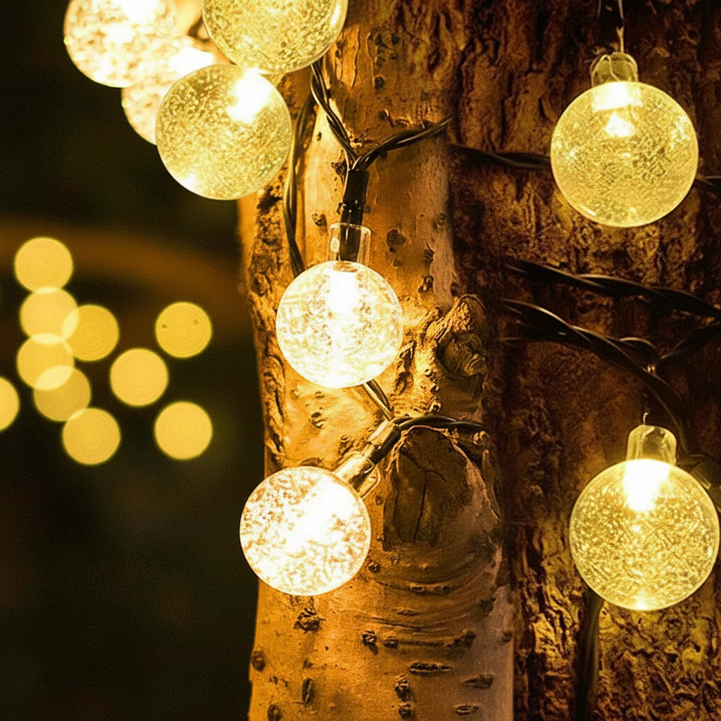 Energy-efficient LED string lights with a solar panel, ideal for garden lighting.