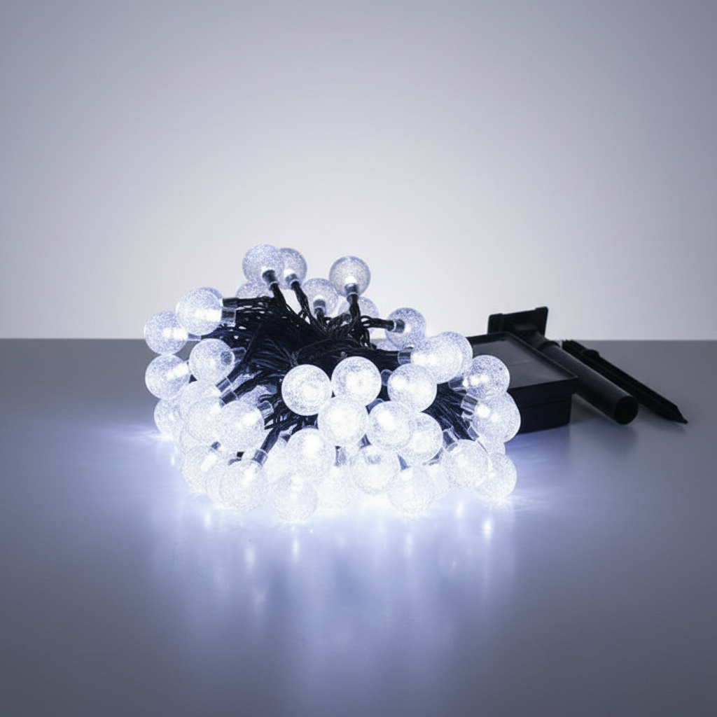 Solar garden lights, 'FairyGlim', providing enchanting illumination for a backyard scene.