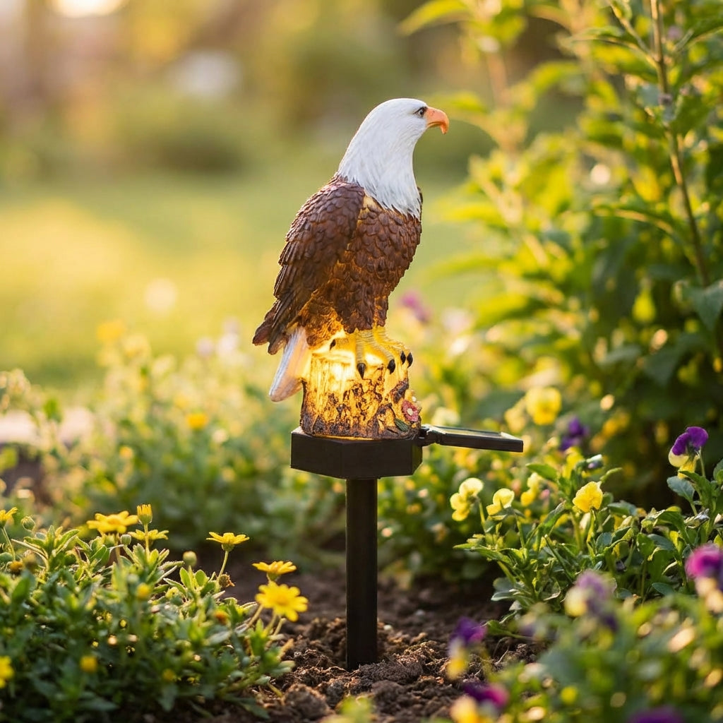 Solar-powered NightPerch animal garden stake light with glowing LED, weather-resistant for outdoor decor.
