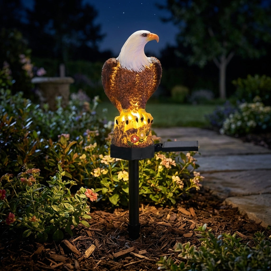 Cute NightPerch solar animal lamp, warm LED glow, perfect pathway or patio accent light.