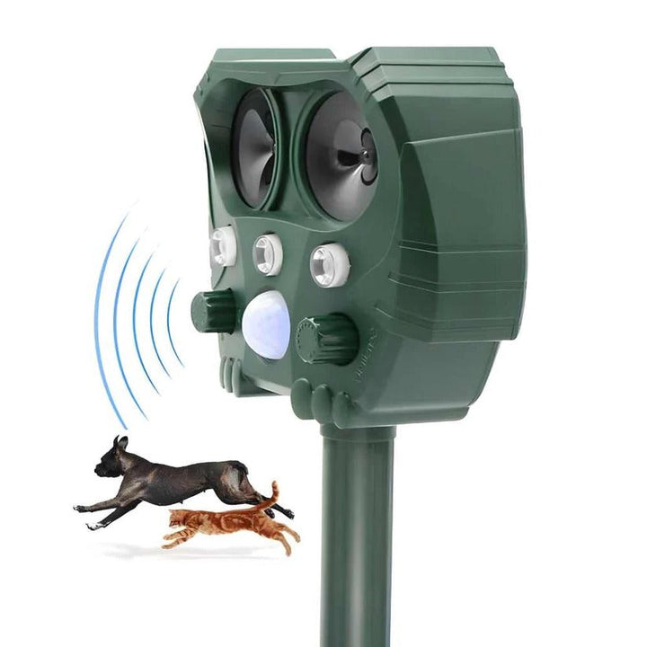 Solar ultrasonic animal repellent for cats, dogs, & wildlife. Outdoor garden protection.