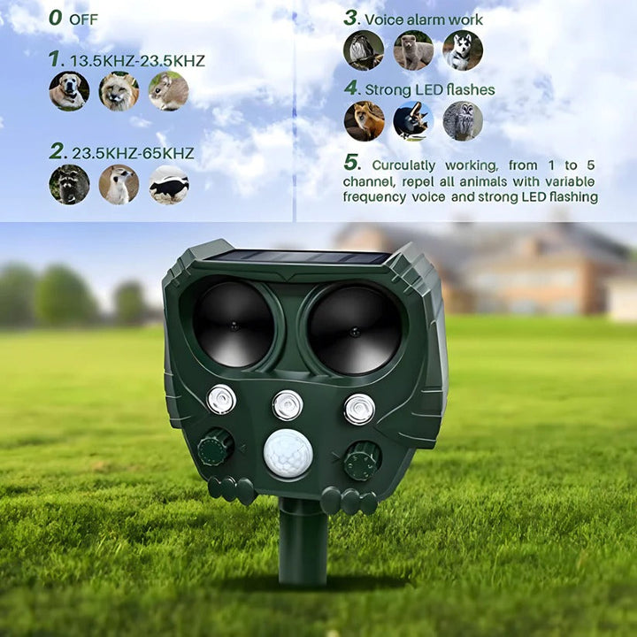 Outdoor yard defense: ultrasonic animal repellent for multiple species.
