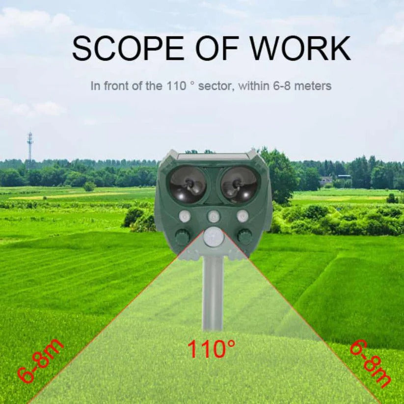 Motion sensor ultrasonic device for humane outdoor wildlife control.