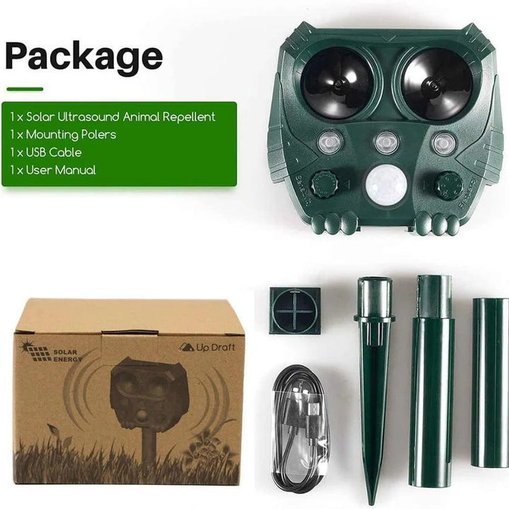 Solar-powered ultrasonic device for humane outdoor wildlife deterrence.