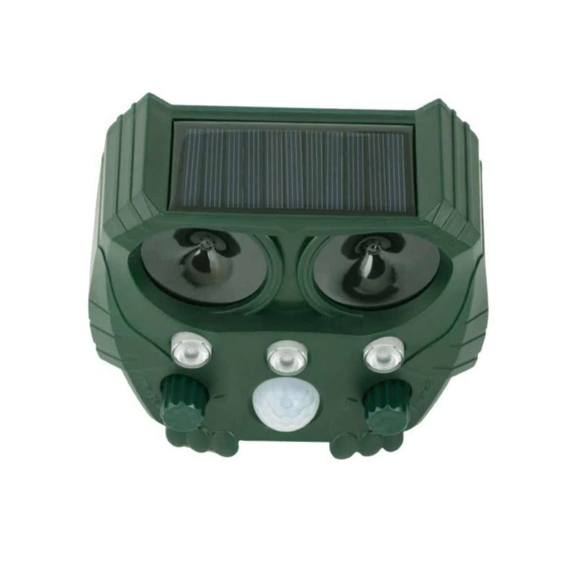 Motion-activated ultrasonic wildlife deterrent. Protects gardens from foxes & squirrels.