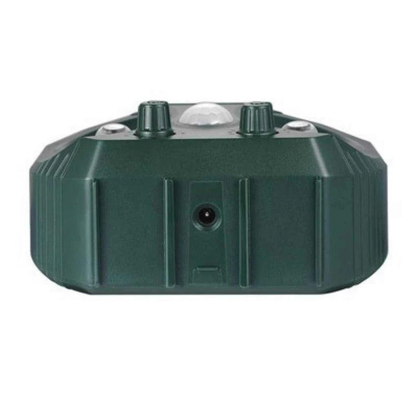 Outdoor ultrasonic pest control device repels rats, squirrels, and small animals.