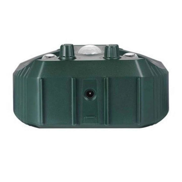 Outdoor ultrasonic pest control device repels rats, squirrels, and small animals.
