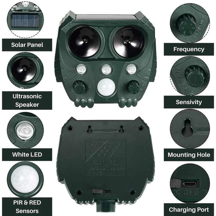 Weatherproof solar-powered outdoor deterrent for cats, dogs, and garden protection.
