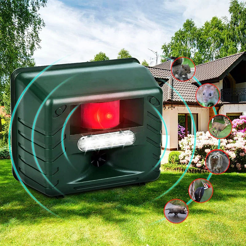 Solar ultrasonic animal repeller for gardens, motion-activated pest control & yard protection.