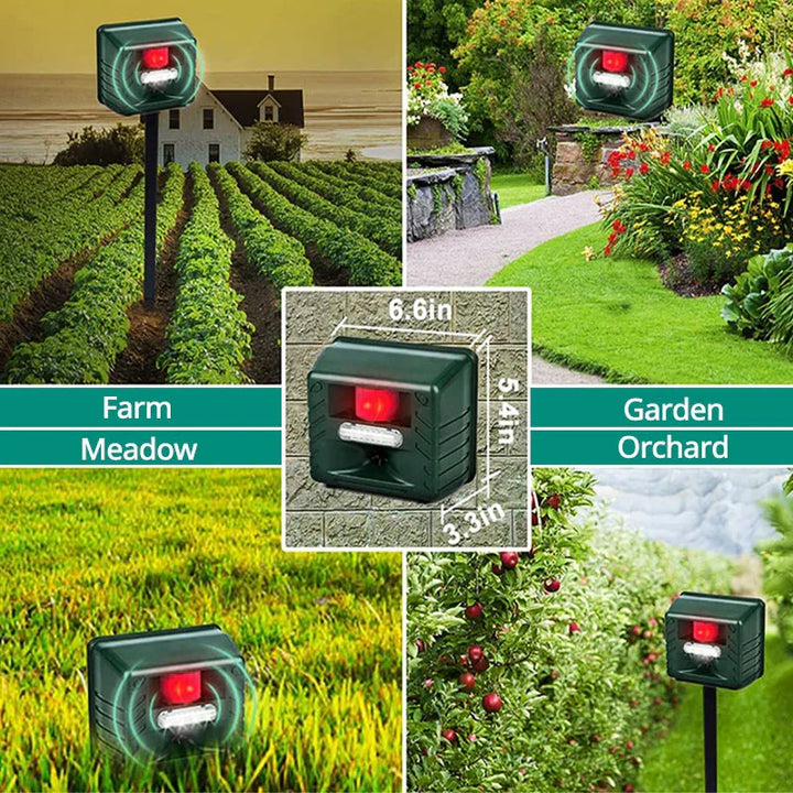 Eco-friendly solar ultrasonic animal repeller, motion-activated for garden & yard wildlife deterrent.