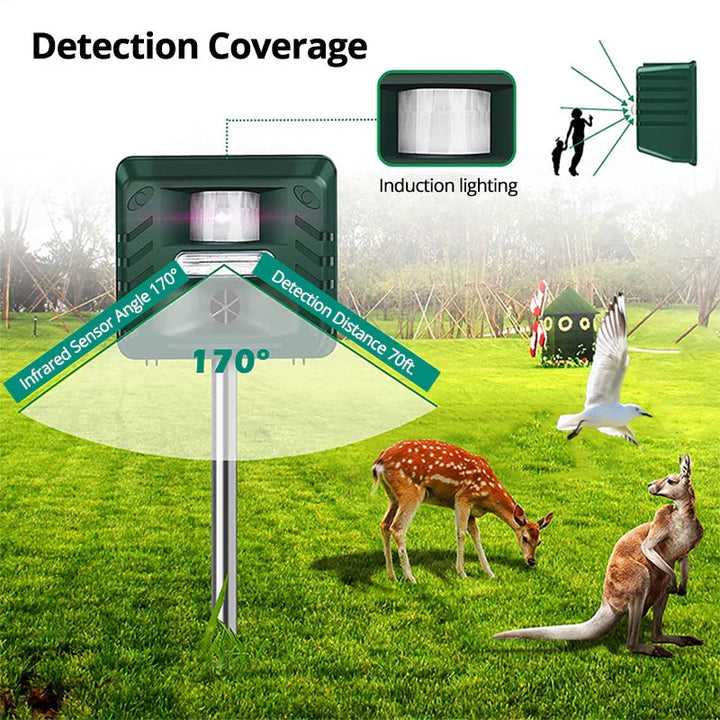 Outdoor ultrasonic pest repeller, solar-powered, motion-activated for garden & yard security.