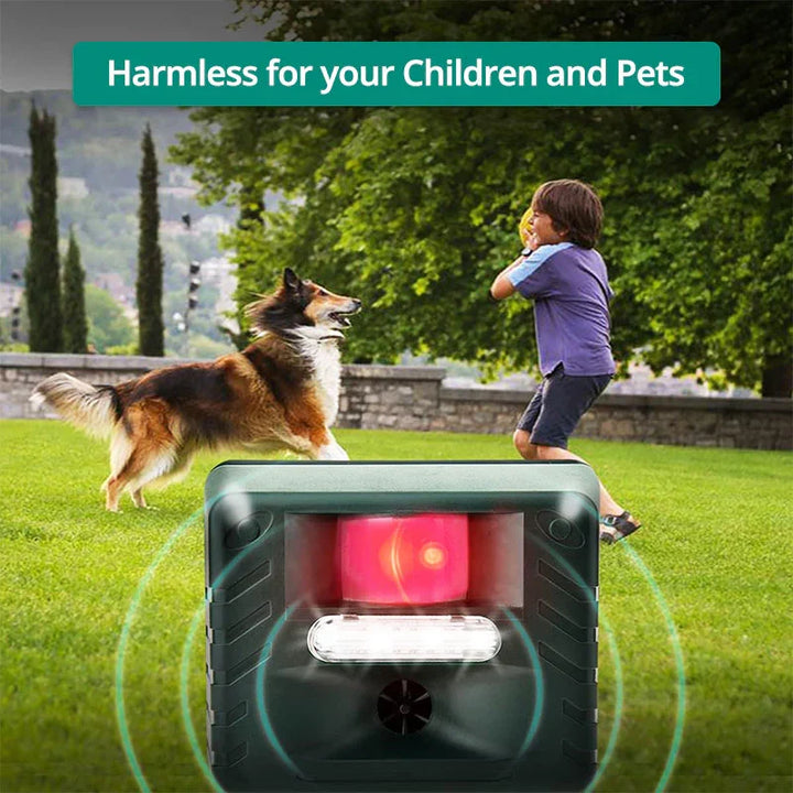 High-tech outdoor ultrasonic animal repeller, solar-powered to deter pests from gardens & yards.