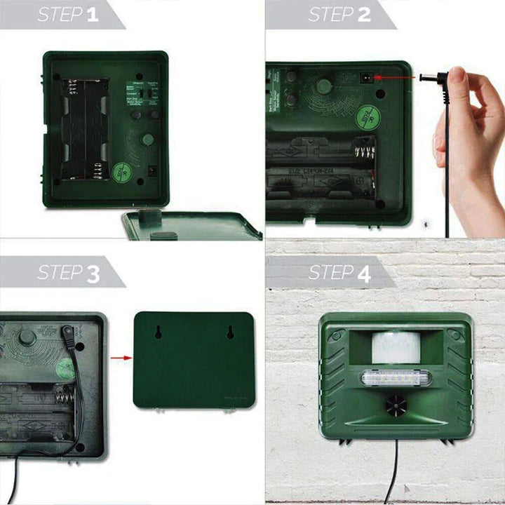 Compact solar ultrasonic animal repeller, motion-activated for effective garden pest prevention.