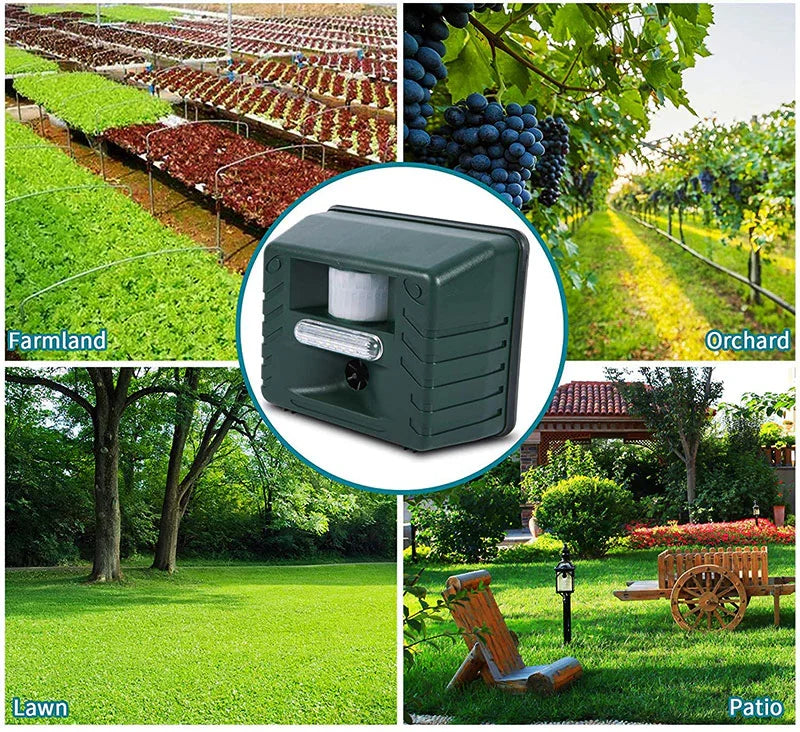 Woodpecker ultrasonic repeller, solar-powered & motion-activated for effective garden & yard defense.
