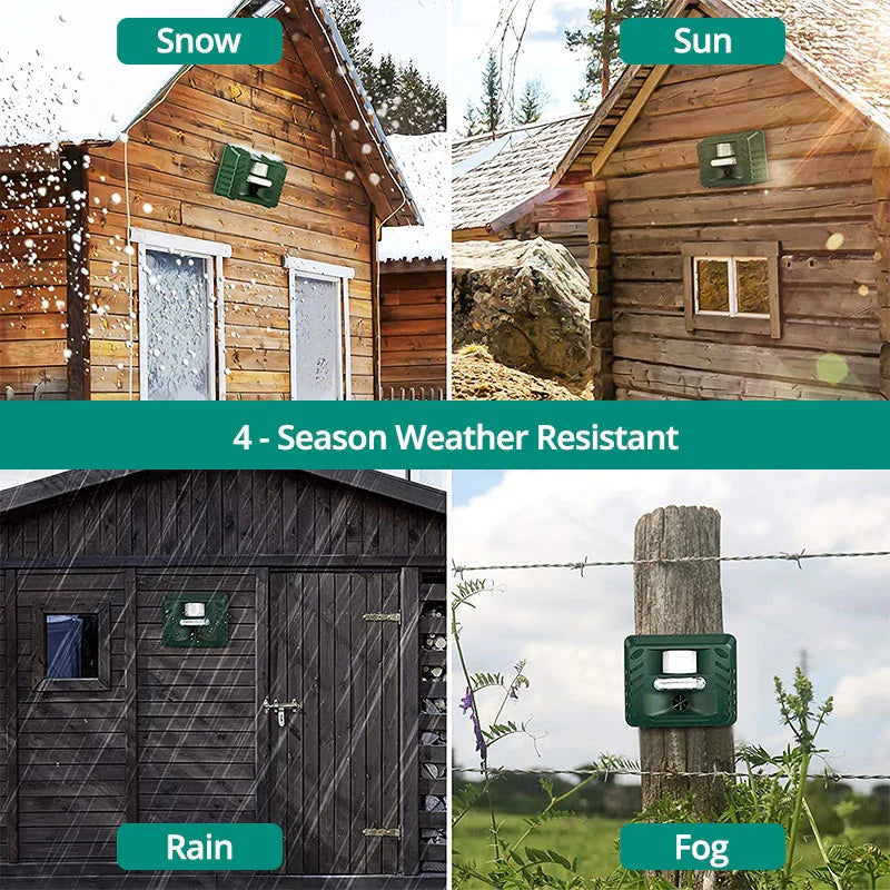Outdoor ultrasonic animal repeller, solar-powered, motion-activated for comprehensive garden pest control.