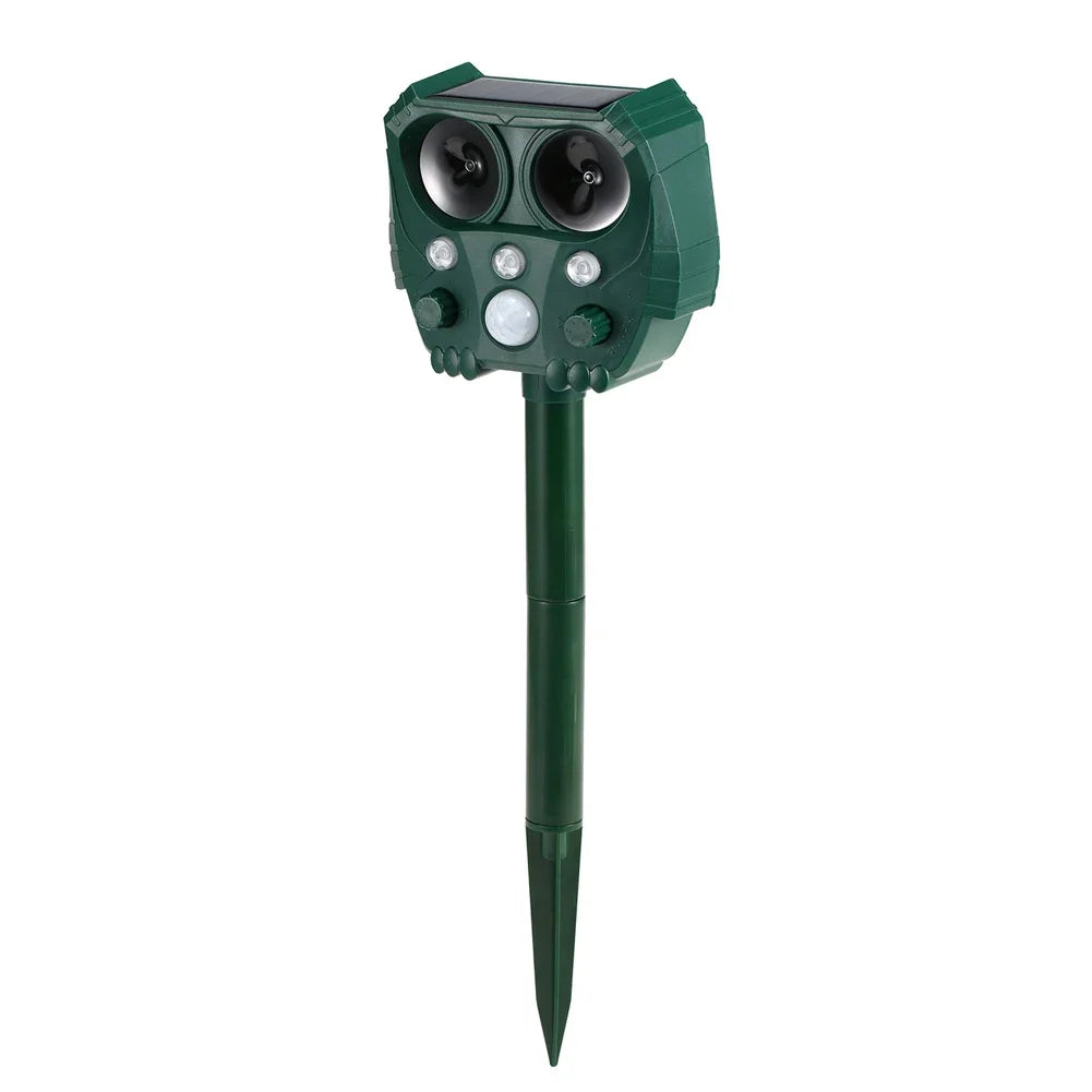 Solar Ultrasonic Animal Repeller with PIR Sensor & flashing light for garden pest control, eco-friendly