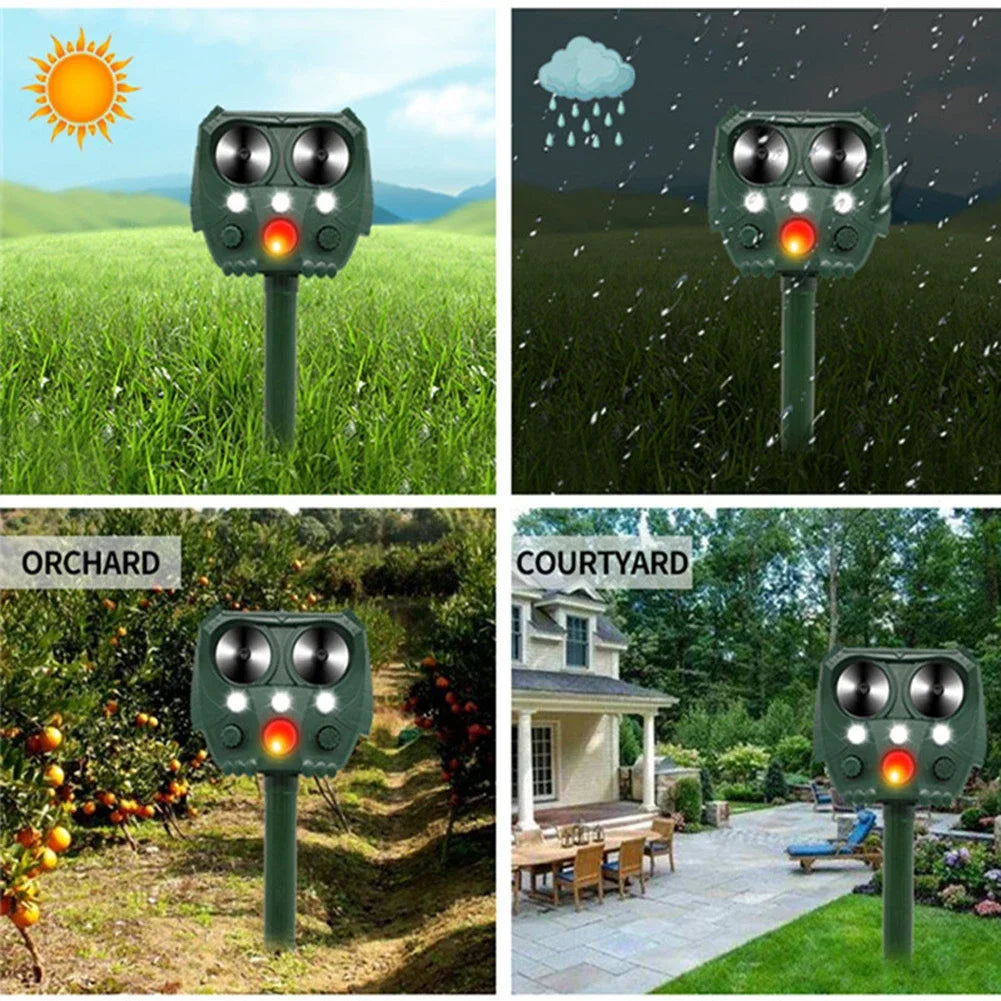 Effective solar animal repeller with ultrasonic sound and flashing light for garden protection