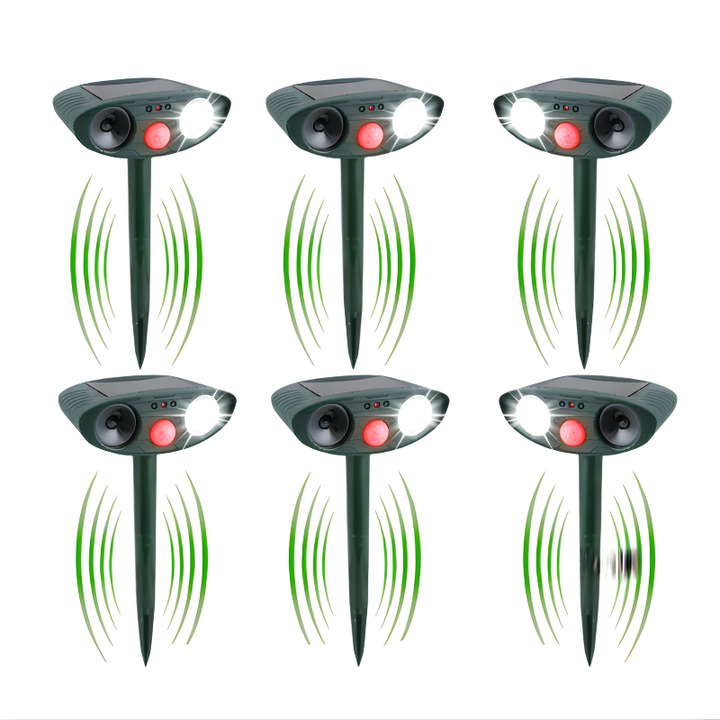 Humane solar-powered ultrasonic animal deterrent for chipmunks, squirrels, & garden pests.