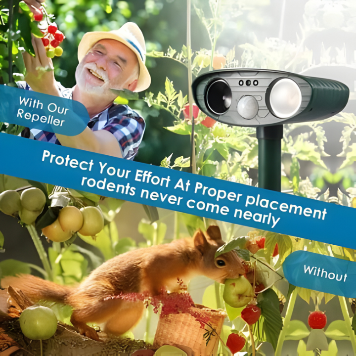 Environmentally friendly solar ultrasonic pest repeller for humane chipmunk & squirrel control.