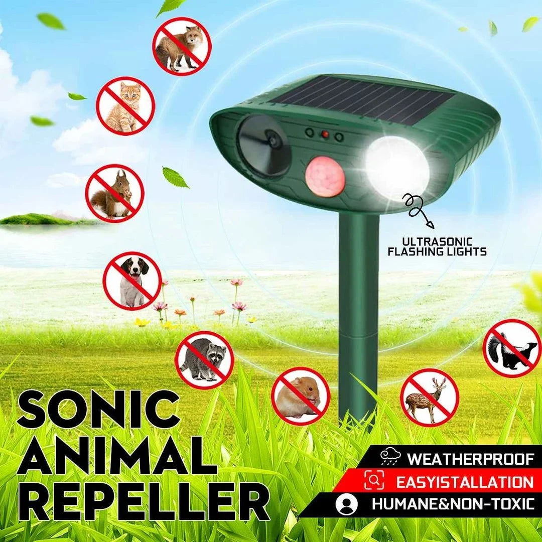 Eco-friendly solar-powered ultrasonic repeller for humane chipmunk control, protecting your garden naturally.