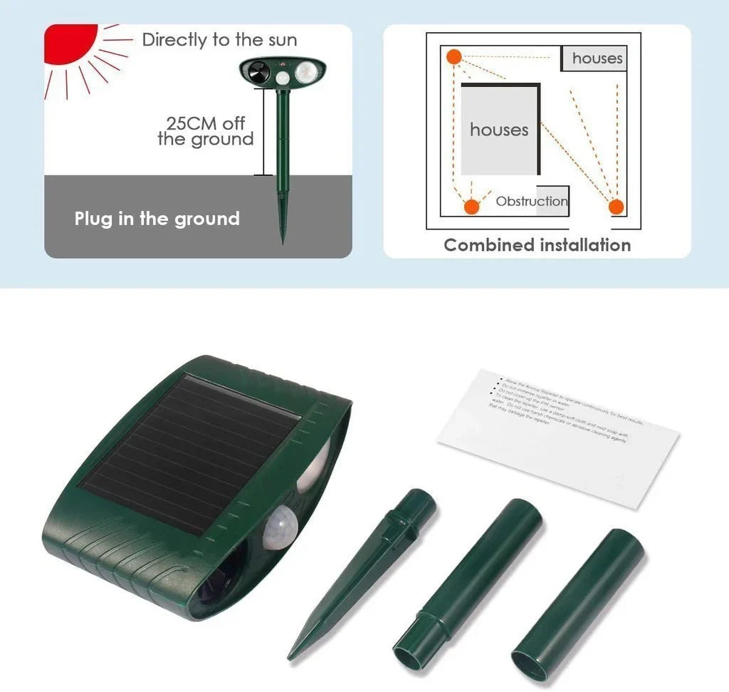 Advanced solar ultrasonic chipmunk scarer, providing humane garden protection & outdoor pest control.