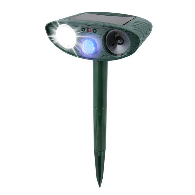Solar ultrasonic rabbit repeller with flashing light, protecting gardens & plants from pests.