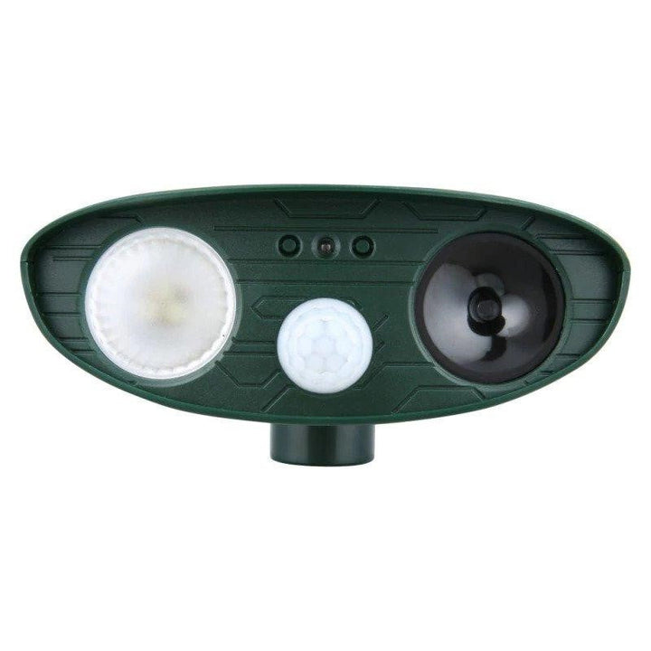 Humane ultrasonic animal repeller, solar-powered with flashing light for effective yard defense.