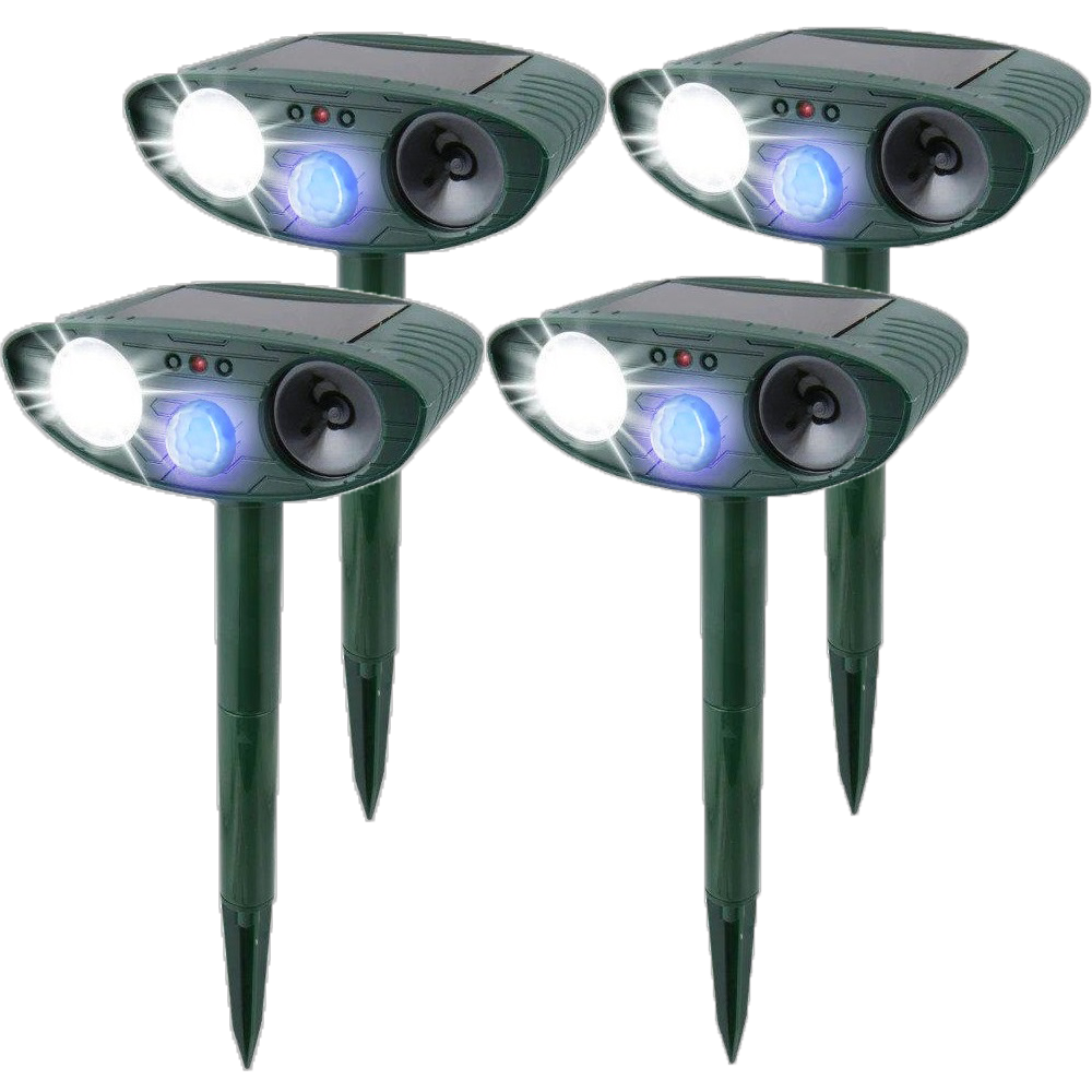 Yard defense: solar-charged ultrasonic rabbit repeller, motion-activated with flashing light.