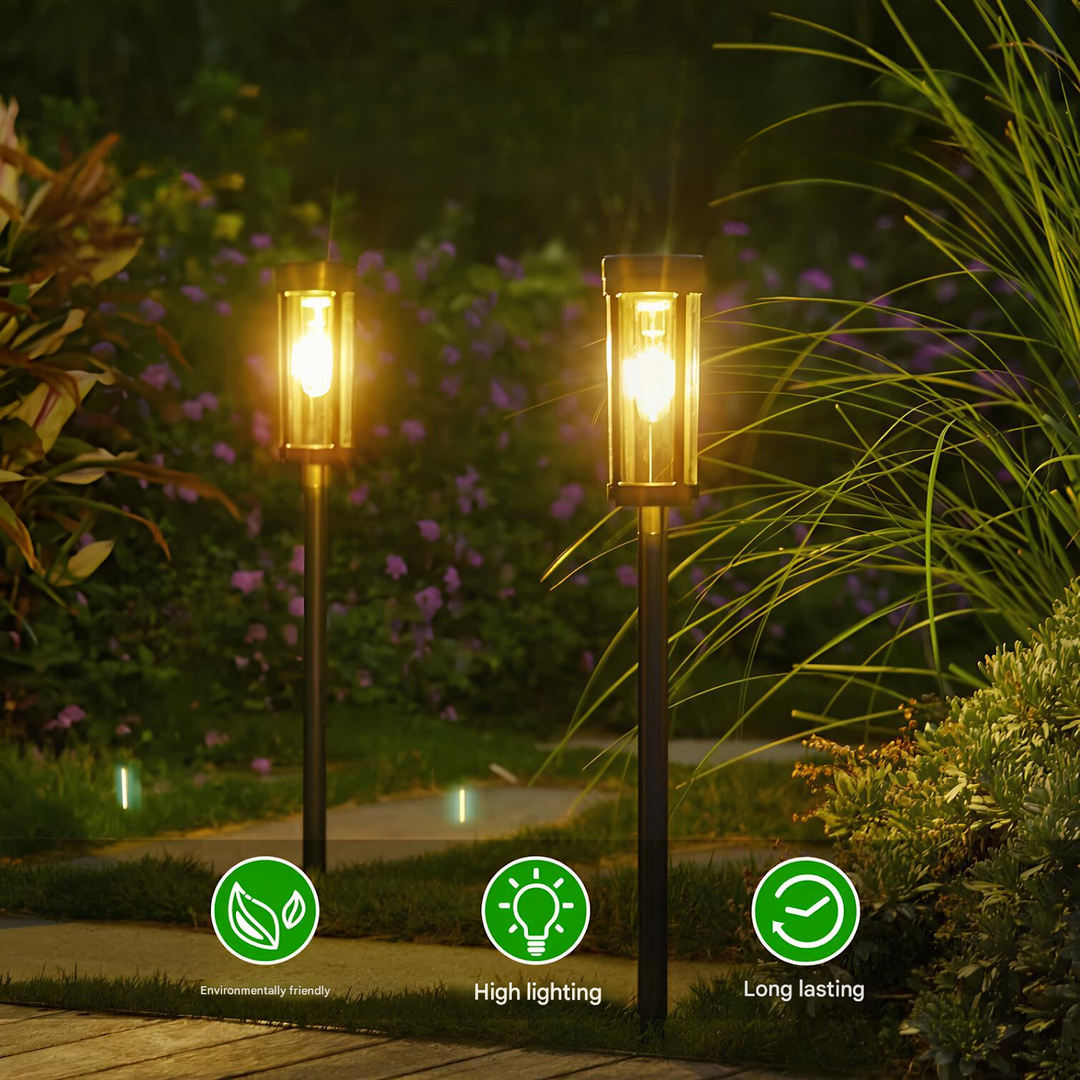 Eco-friendly solar garden torch with a realistic flame, ideal for decorating patios and outdoor spaces