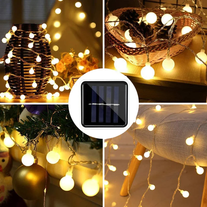 Outdoor solar-powered LED string lights, waterproof. Enhance garden, patio, festive decor.