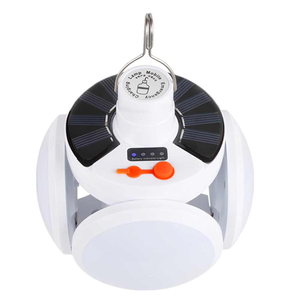 SolarGlow portable LED camping lantern with solar charging for outdoor adventures & emergency backup.