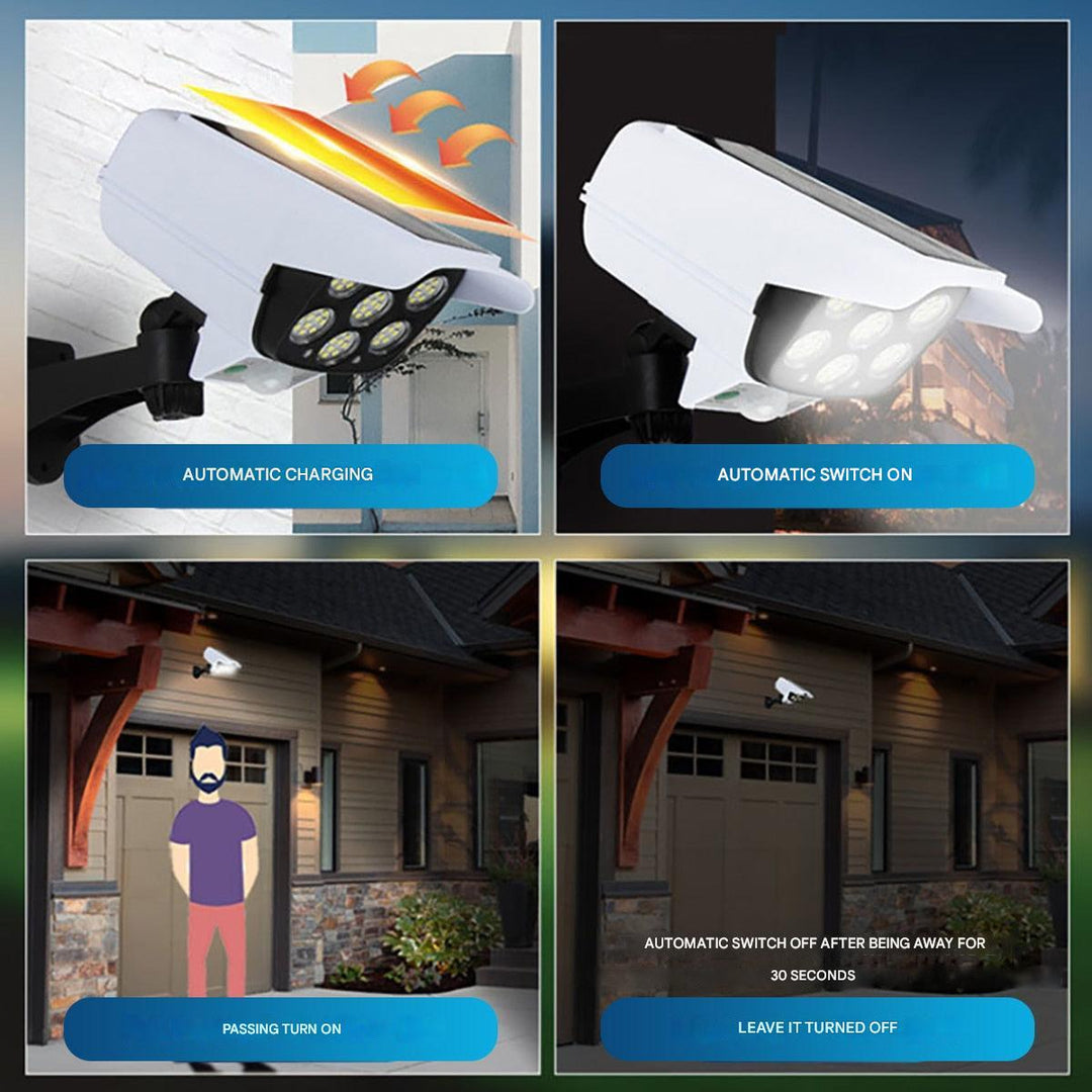 Close-up of SolarGuard solar dummy camera showing built-in LED and durable outdoor casing