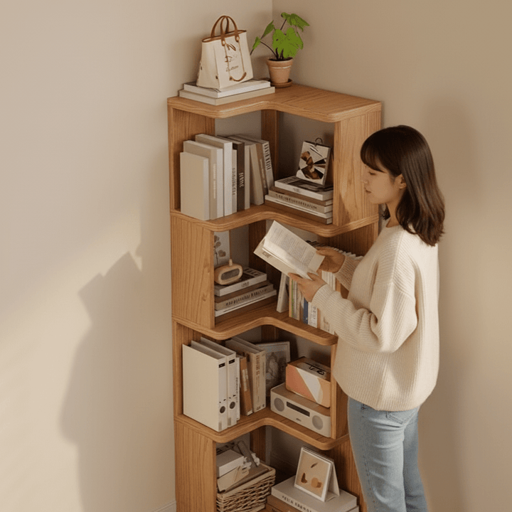 Space-saving pine wood corner storage cabinet. Enhances organization in bedrooms, living rooms, or hallways.