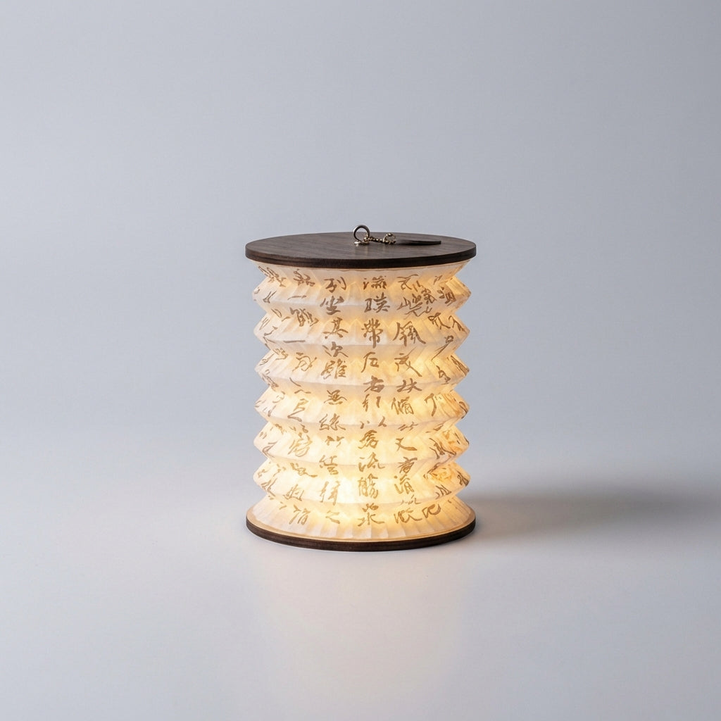 Stylish LED lantern table lamp on a wooden surface, showcasing its design and warm LED lighting.
